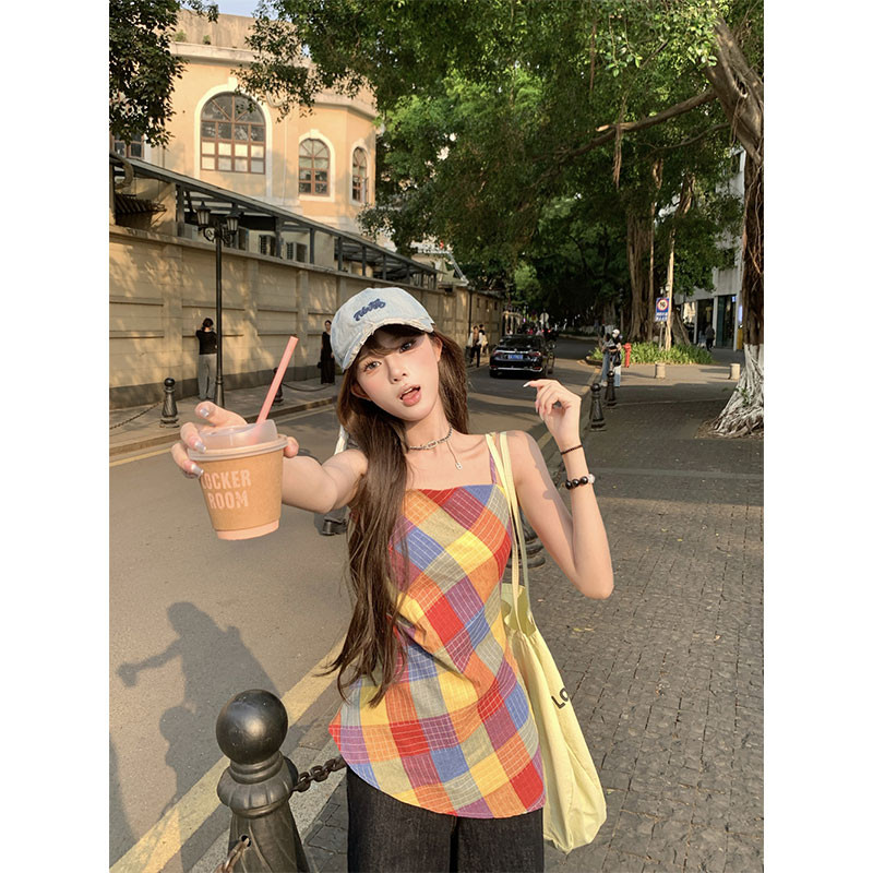 ถังลายสก๊อตหวานของผู้หญิง - สีสันฤดูร้อนอสมมาตรเก๋ด้านบน