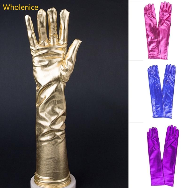 WHOL ผู้หญิง Faux หนัง Opera Finger ถุงมือ Sparkly โลหะข้อศอกความยาวถุงมือยาวสําหรับชุดราตรีเต้นรําเ