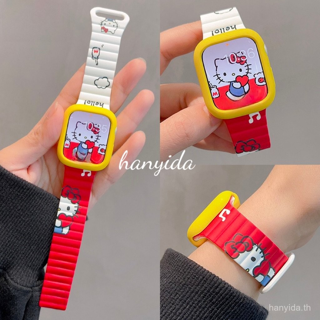ฟรีกล่องขนม + สายรัดแม่เหล็กซิลิโคนรูปแมว KK น่ารัก ที่เข้ากันได้กับ Apple Watch Series 10, สายรัดสำหรับ iWatch Series 9/8/7/6 se ultra/ultra 2 SE2