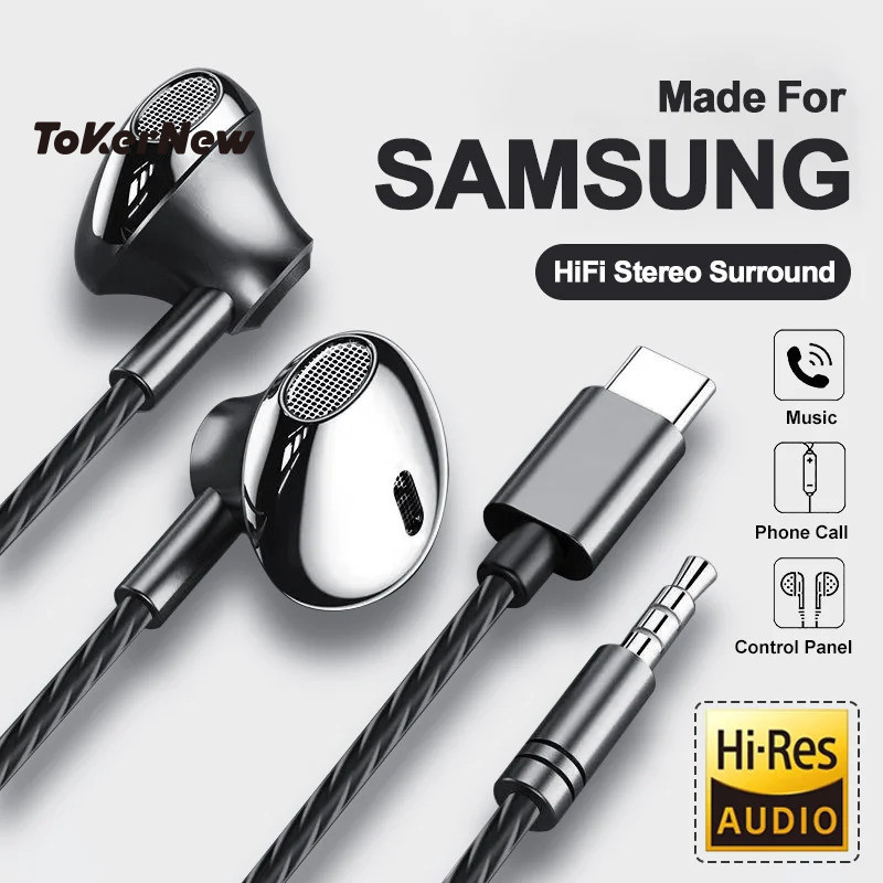 หูฟังสเตอริโอเบส HiFi USB Type-C ของ ToKerNew พร้อมไมโครโฟนควบคุมระดับเสียง - หูฟังแบบมีสาย 3.5 มม. สำหรับ Galaxy S24/S23/S22/S21 Ultra และ iPhone 15 16 Pro Max ใช้งานได้แบบ Plug-and-Play กับ Type-C