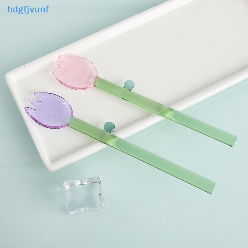 BDGF ด้ามยาวช้อนแก้วสร้างสรรค์แก้วใสช้อนขนมรูปดอกไม้สีกาแฟกวนช้อนติดบาร์ ไทย - รูปที่ 4