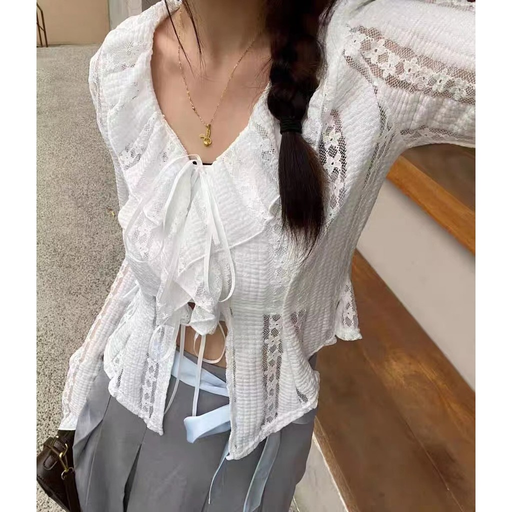 ชุดถักแขนยาวป้องกันแสงแดดแบบคอระบายสไตล์ Pure Desire ฉันชอบ 0LFL