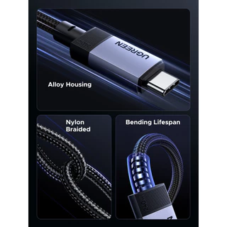 UGREEN USB3.1 Gen2 10Gbps 1M Bulit ในชิป E-Marker USB-C ถึง USB-C 240W สายชาร์จข้อมูลเปลือกอลูมิเนียม Braided Space Grey