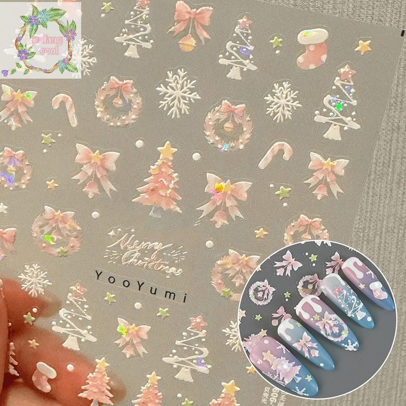 Pucool สติ๊กเกอร์ติดเล็บคริสต์มาส Shiny Seas Light Nail Art Parts สติกเกอร์เกล็ดหิมะน่ารัก Star ตกแต่งเล็บ Decals TH