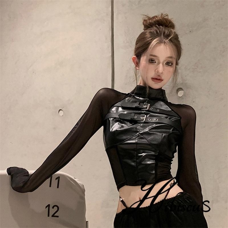 ชบา-เสื้อครอปคอสูงสําหรับผู้หญิงแขนยาวหัวเข็มขัดด้านหน้าสลิมฟิตตาข่ายเสื้อยืดเสื้อ