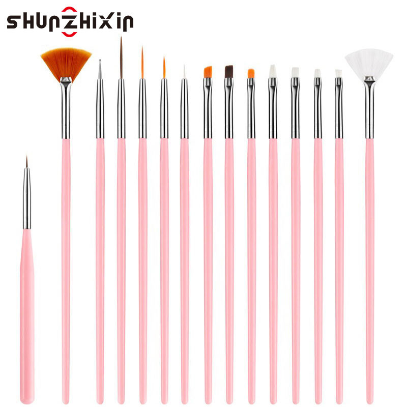 SZX 15Pcs ศิลปะเพ็นท์เล็บกันแดดพู่กันเจลชุดUVเจลเล็บ คริสตัลแบนวาดภาพวาดปากกาแกะลายเล็บเครื่องมือ