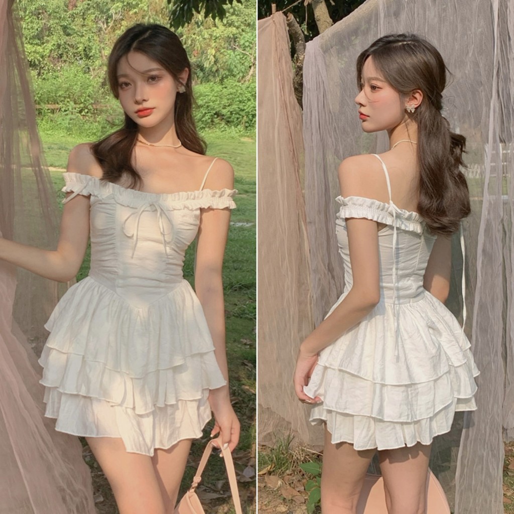 Hotgirl พร้อมส่ง ชุดเดรสสายเดี่ยวผู้หญิง เดรสขาวปาดไหล่ ชุดเซ็กซี่ ดีไซน์เก๋ไก้ ชุดเค้ก สไตล์เกาหลี