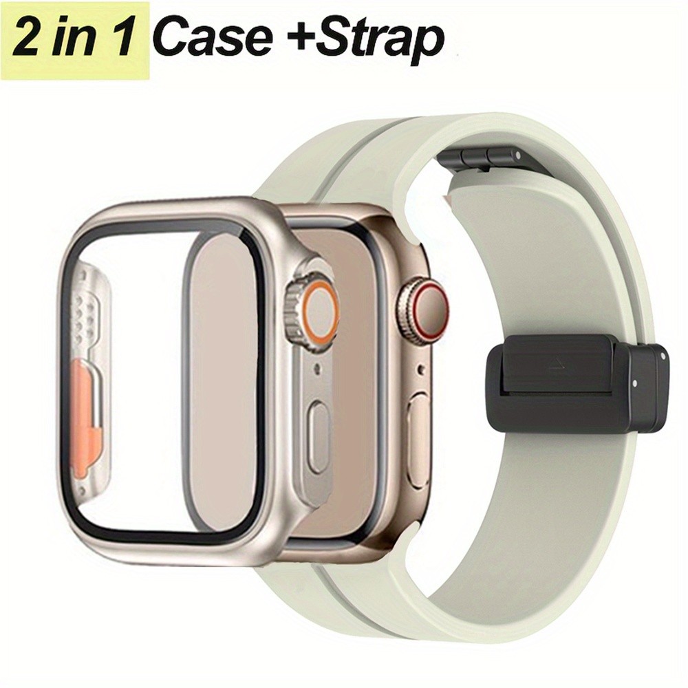 แม่เหล็กจับมือสายนาฬิกา+เคสกระจกนิรภัยสําหรับ สาย iWatch Apple Watch Series 10 9 8 7 6 5 4 3 2 1 SE สายนาฬิกาซิลิโคนอ่อน + เคสสําหรับ iดู iWatch AppleWatch 45 มม.44 มม.41 มม.40 มม.38 มม.42 มม.46 มม. Case