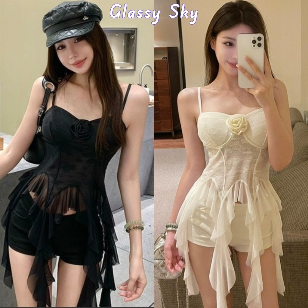 Glassy Sky💖พร้อมส่ง💖 เสื้อสายเดี่ยว มีฟองน้ำ ปลายปล่อย สีพื้น เซ็กซี่ (FY1921)