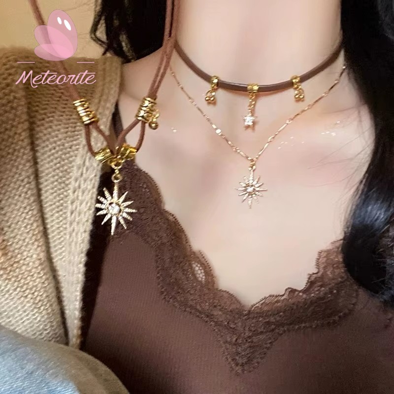 สร้อยคอเพทายซันสตาร์ปรับได้สําหรับผู้หญิง-หนังสองชั้นดาวจี้โซ่เค้นคอ