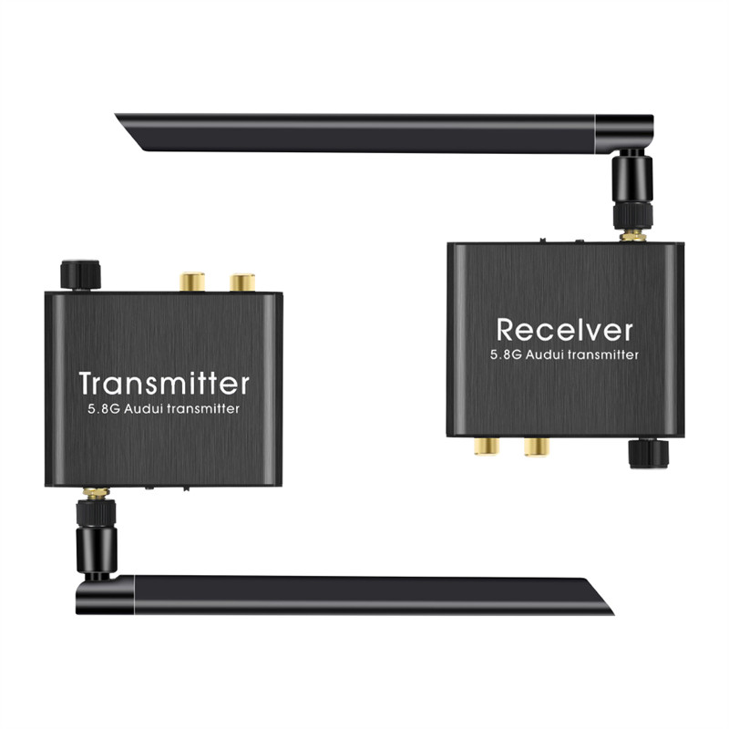 50m 5.8G Wireless Audio Sender เครื่องส่งสัญญาณและตัวรับสัญญาณ 2.4G อะแดปเตอร์เสียงไร้สาย RCA 3.5 มม.R/L พอร์ตปรับระดับเสียงควบคุมสําหรับเครื่องขยายเสียงผสม