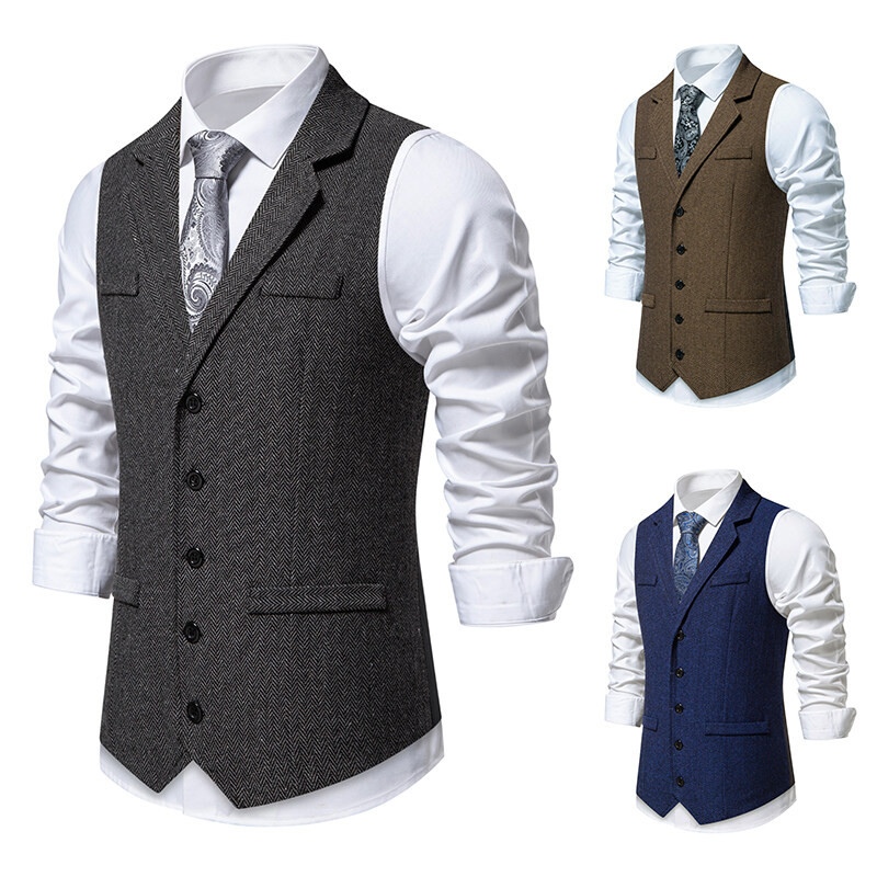 เสื้อกั๊กชาย Herringbone Woolen Suit Vest Retro Lapel Single Breasted Vest
