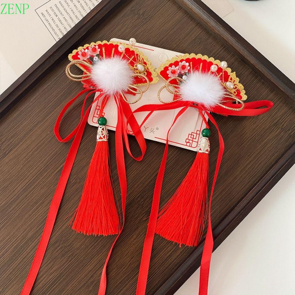 Zenpulse สไตล์จีน Red Barrettes, น่ารัก Hanfu Headwear เด็กปีใหม่ Hairpin, อุปกรณ์เสริมผมพู่ดอกไม้หวานสไตล์โบราณคลิปผมสาว