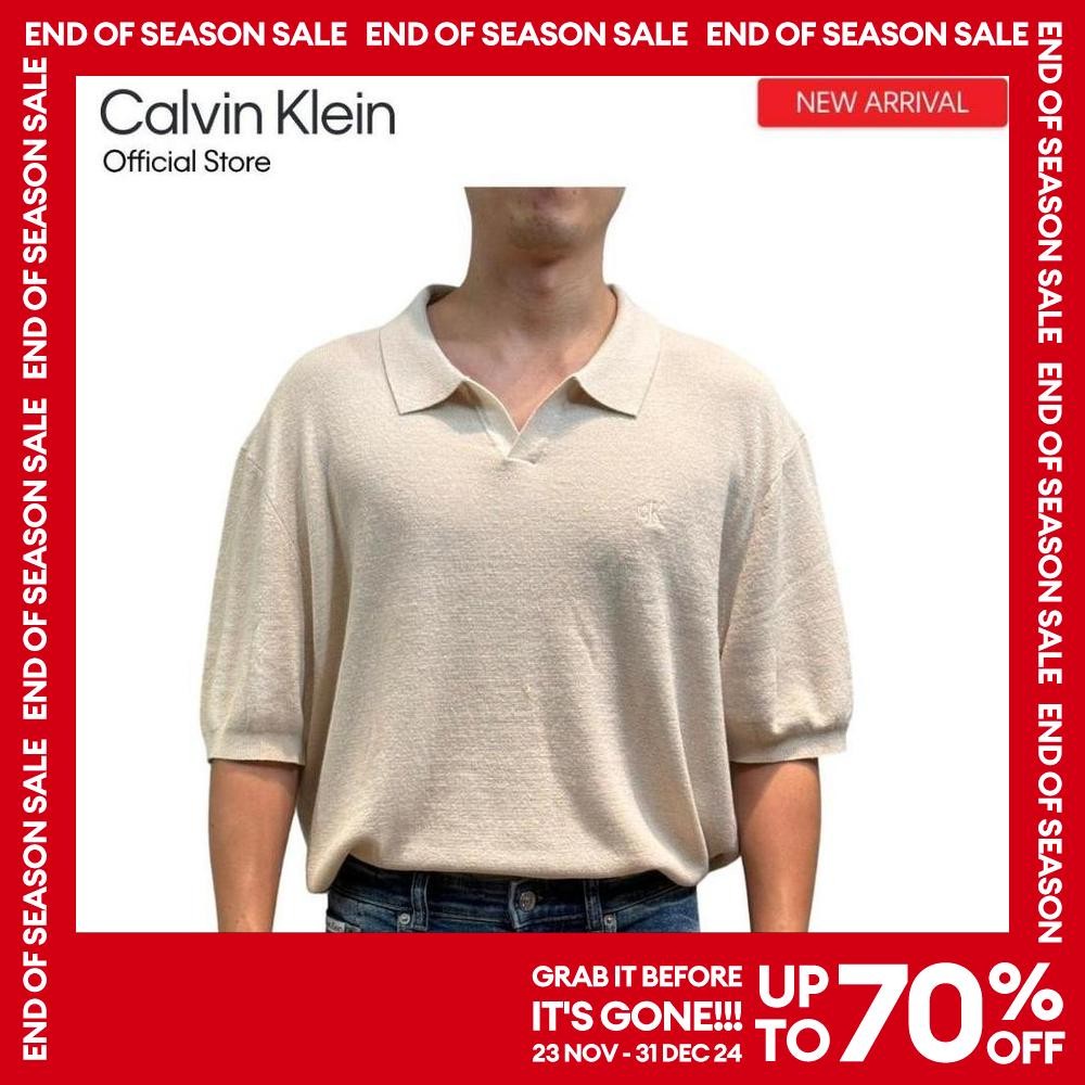 CALVIN KLEIN เสื้อโปโลแขนสั้นผู้ชาย Polo Sweater Embroidery Logo ทรง Relaxed รุ่น J327306 ACF - สีเบจ