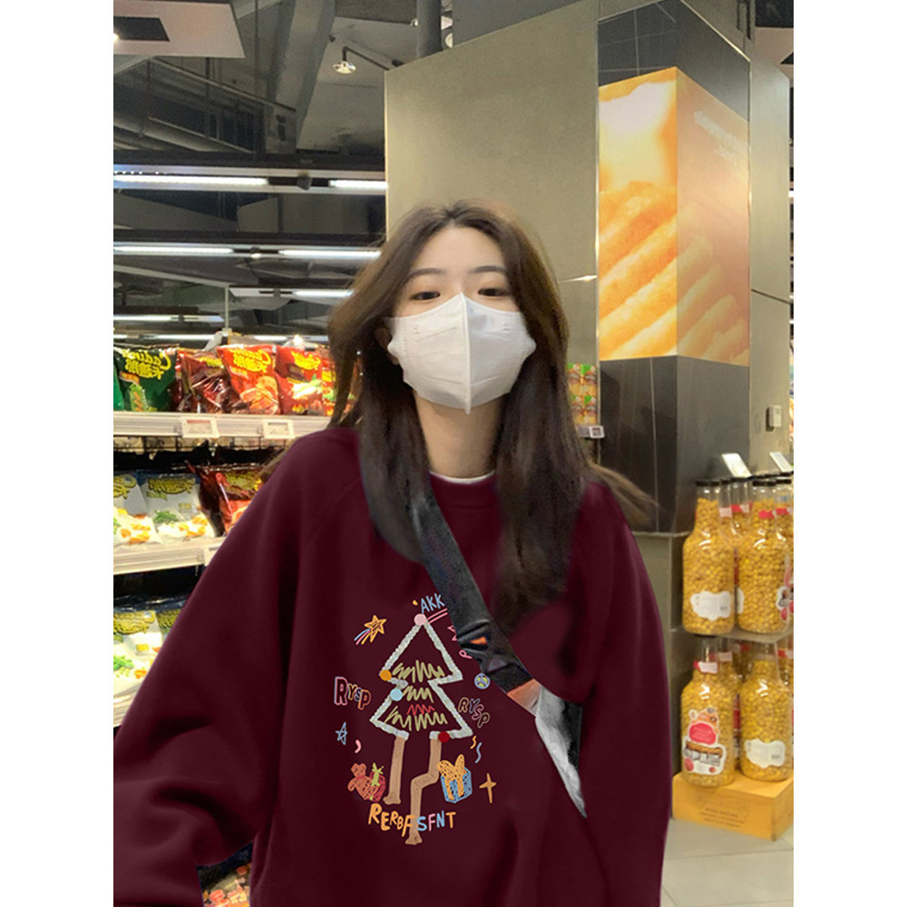(จัดส่งตลอด 24 ชั่วโมง）Angle Official  เสื้อกันหนาวคริสต์มาสผู้หญิงใหม่ขนแกะไวน์สีแดงที่ไม่ซ้ำกันเก๋คอกลมเสื้อหลวม