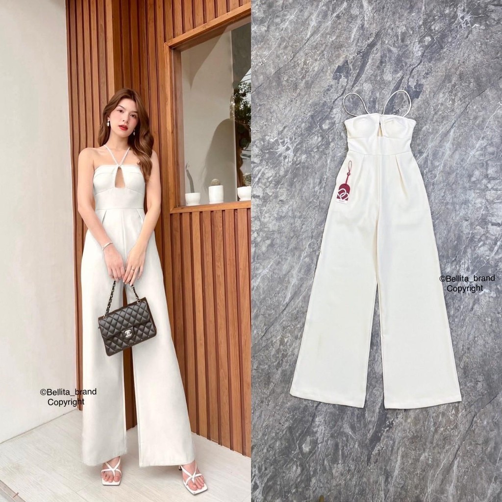 (xs-xl) (พร้อมส่ง L ) Bellita9 ทรงสวย Women Clothing ผู้หญิง ชุด จั๊มสูทขายาวสีขาว cafe