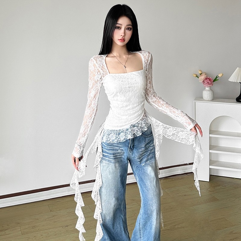 Kliou ลูกไม้แข็งเสื้อยืดผอมไม่สม่ําเสมอแขนยาว Patchwork Ruffles ริบบิ้นสบายๆแฟชั่นเซ็กซี่ดู Slimmer อเนกประสงค์สไตล์สาวเผ็ด