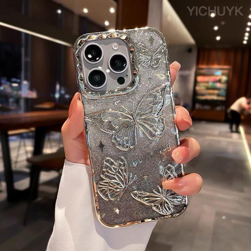 Glitter 3D สเตอริโอผีเสื้อเคสโทรศัพท์ iphone 16 15 14 plus 13 12 11 promax โปร่งใสนุ่มกลับกันกระแทก