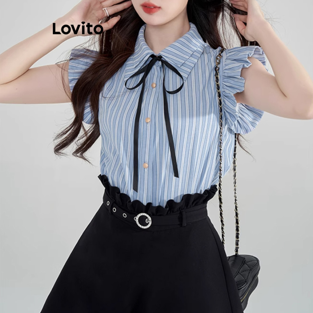 Lovito ชุดเซ็ตกางเกงขาสั้นผู้หญิง ลายทาง แขนระบายจับจีบ พร้อมเข็มขัดและกระดุม ผู้หญิง สไตล์ลำลอง L106AD269 - รูปที่ 2