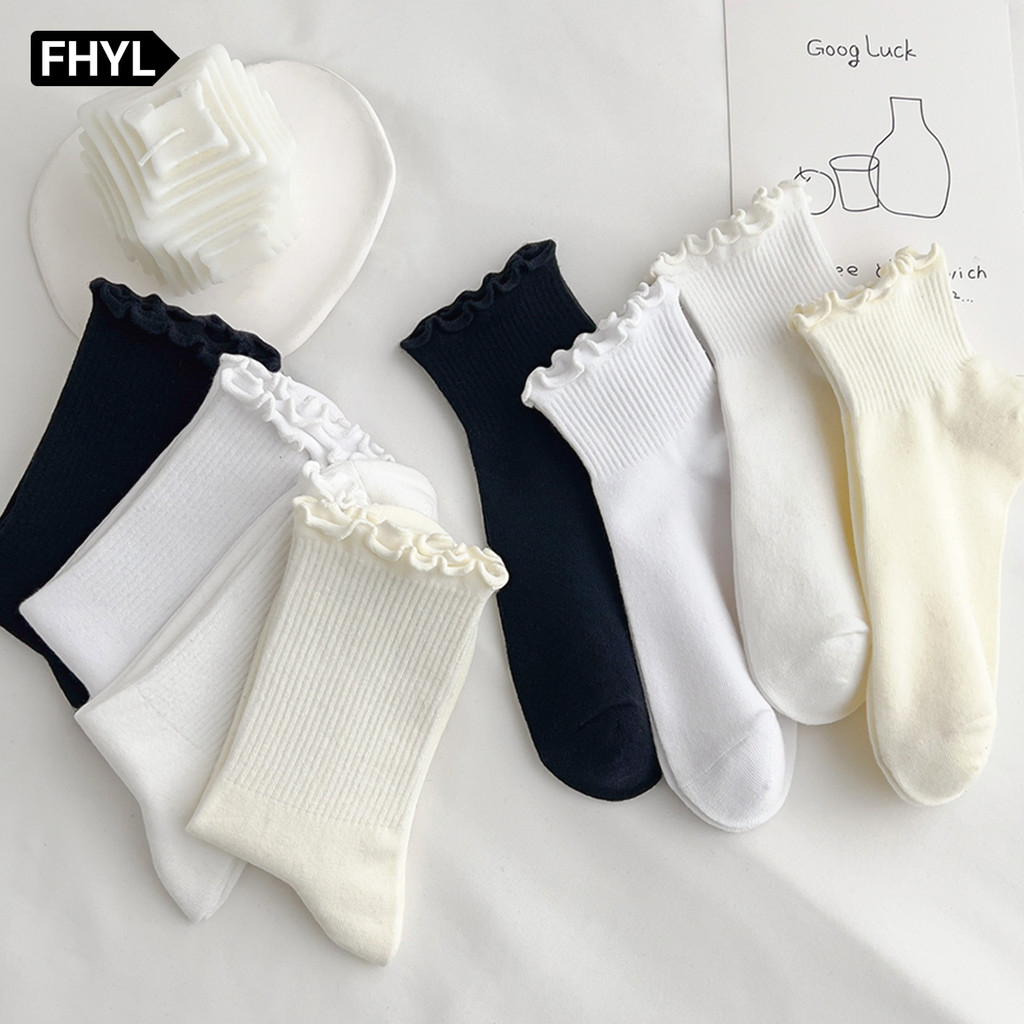 FHYL ใหม่ ถุงเท้าผ้าฝ้ายแท้ แบบบาง สีขาว สีดํา สําหรับผู้หญิง