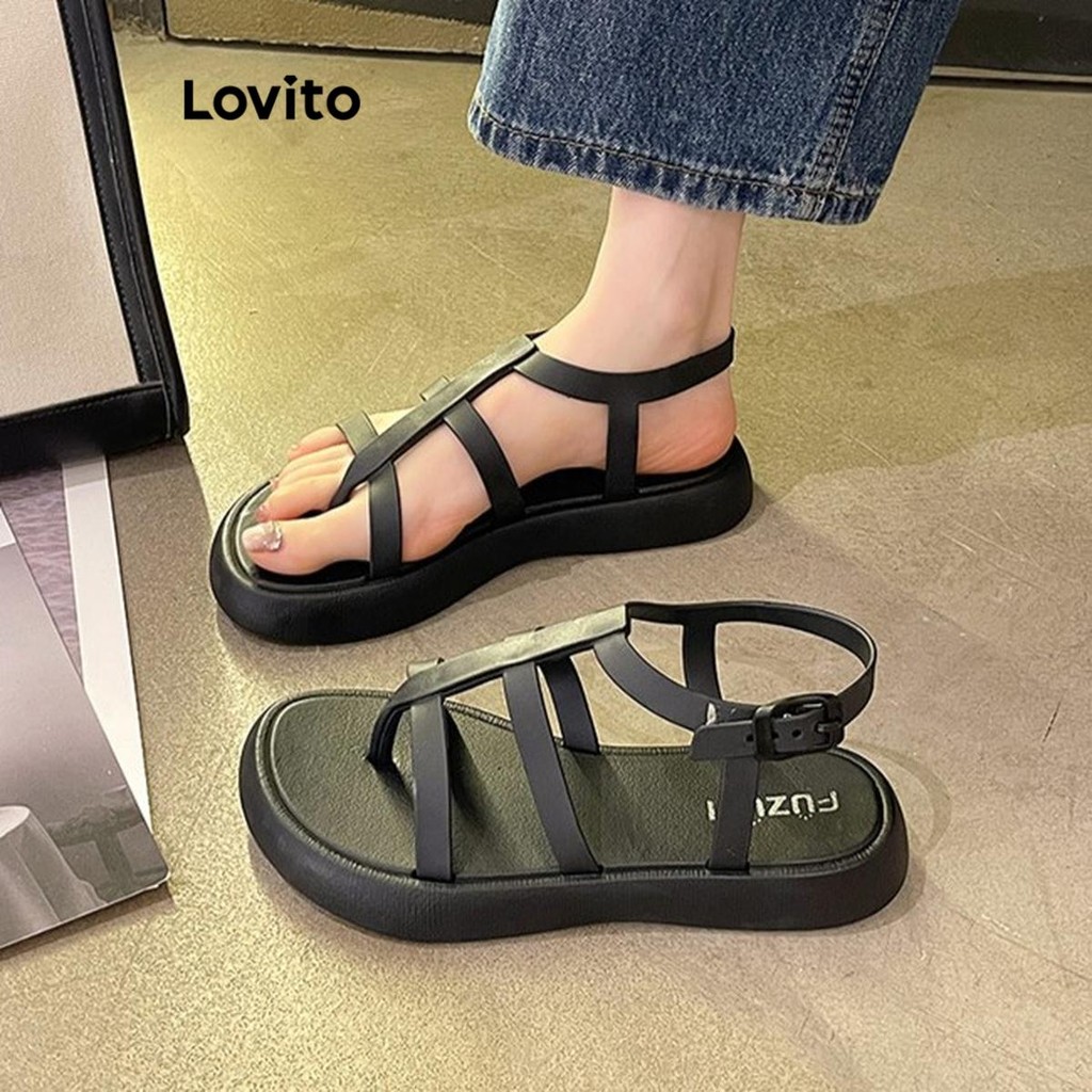 Lovito ลําลองธรรมดาริมทะเลชายหาดรองเท้าแตะโรมันฤดูร้อนจับคู่ทุกวันเวอร์ชั่นเกาหลีรองเท้าแตะส้นแบนสําหรับผู้หญิง LFA68011