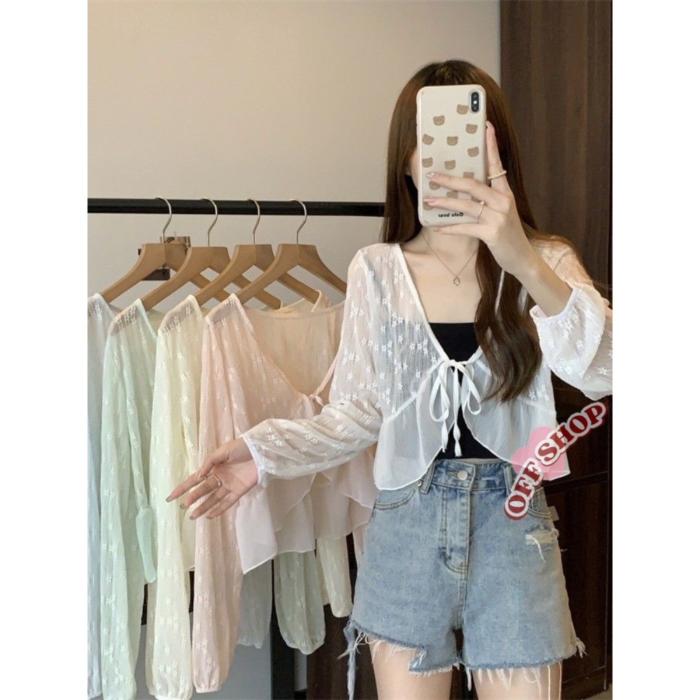 OFF SHOP 🥻 เสื้อคลุมผ้าซีทรู ถักไหมพรม ลวดลายลูกไม้เบาบาง แขนยาว "95141 -C