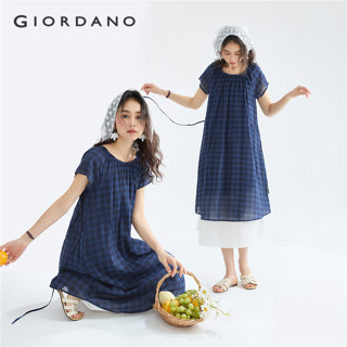 GIORDANO WOMEN 100% Cotton tie waist double layered plaid dr…