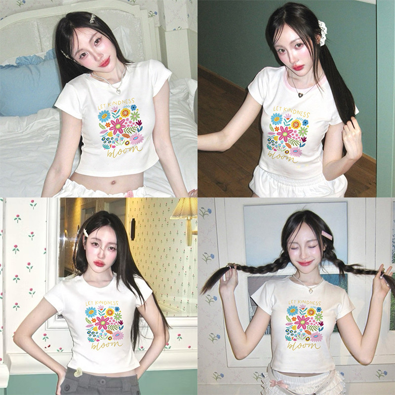 Angle Official  Baby Tee เสื้อทีผู้หญิงสั้นผ้าฝ้ายพิมพ์ลายดอกไม้โรแมนติกฝรั่งเศสเสริมร่างช่วยลดขนาดร่างผสมผองลมลอด