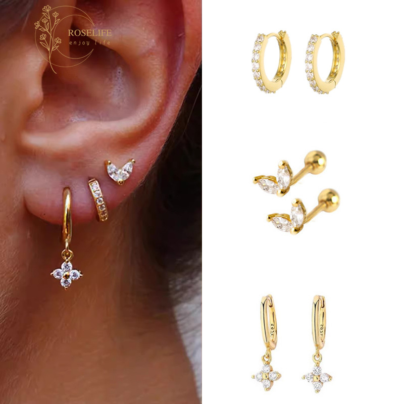 Roselife 2 ชิ้น 14 พันคริสตัลทองหัวใจสกรูต่างหูผู้หญิงทุกวันสวมใส่เจาะหูเครื่องประดับอุปกรณ์เสริม