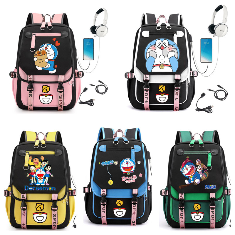 Anime Doraemon Backpack Student School Bag Laptop Bagpack Travel Bag (อินเทอร์เฟซ USB และหูฟัง)