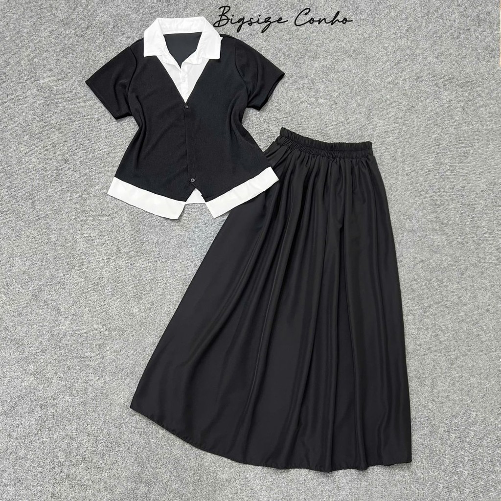 ชุดสไตล์ Muse ขนาดใหญ่สําหรับผู้หญิง 60-90 กก. (มีเสื้อเดี่ยว) กระโปรงยาวทรงตรงผสมเสื้อแขนสั้นชุดผ้า