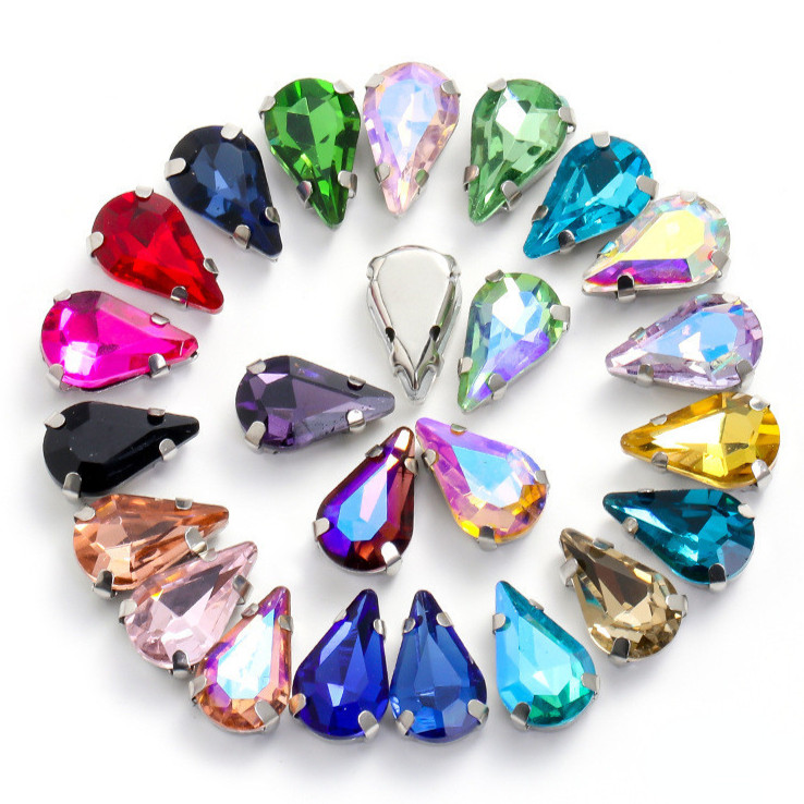 20pcs 5X8/6X10/8X13mm Thin Drop เย็บ Rhinestone Silver Claw คริสตัลสําหรับรองเท้าหัตถกรรม