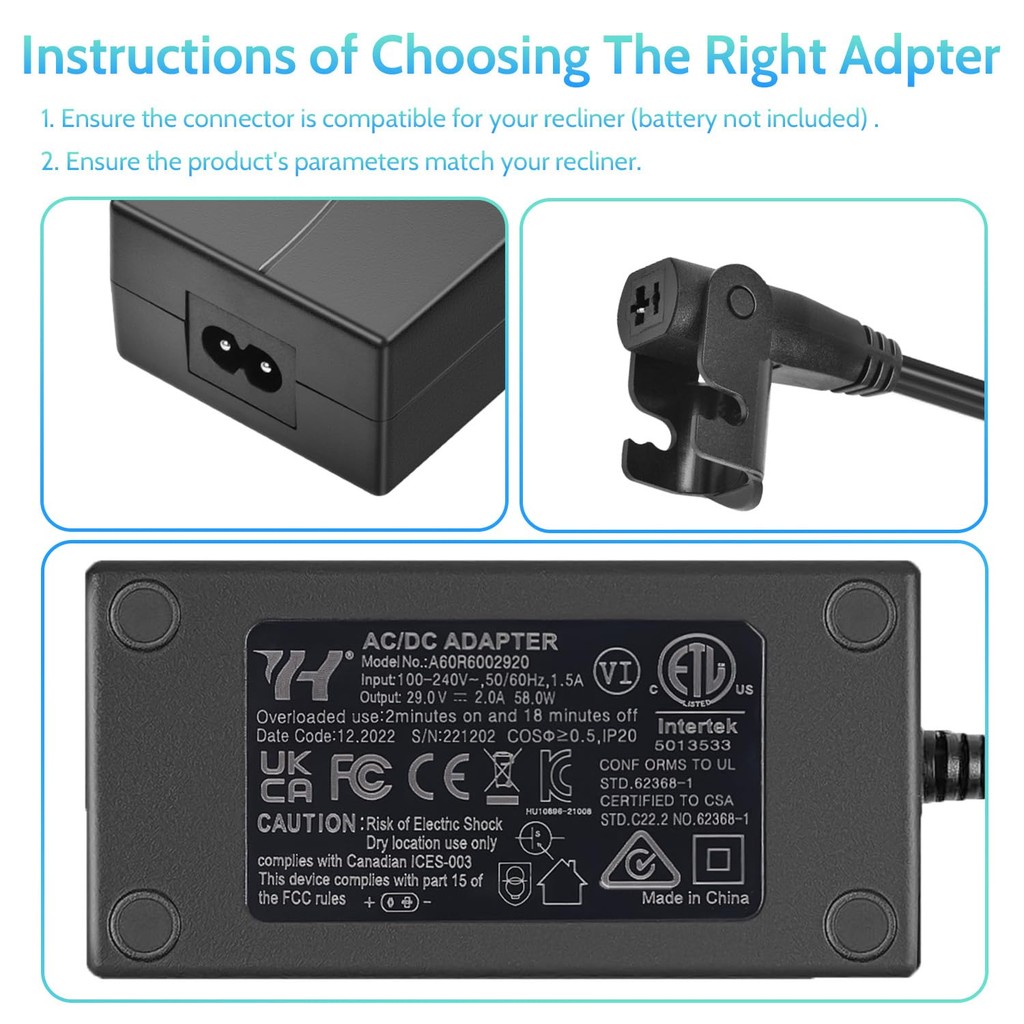 Power Recliner Power Supply, Sopito Universal 2-Pin AC/DC Adapter 100-240V,คุณภาพ 29V 2A Switching Transformer,อะไหล่ทดแทนสําหรับ Recliner/โซฟาไฟฟ้า/ยกเก้าอี้/Couch/Stand ราคา ถูกที่สุด ดีลบีเคเค แกลเลอรีภาพที่ 6