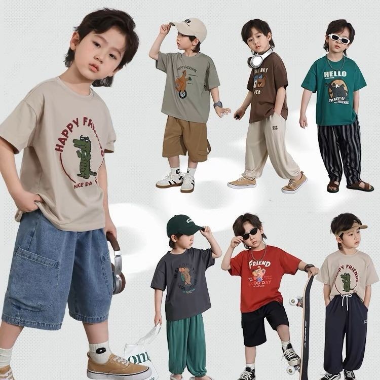 [ปิดสบาย] ผ้าฝ้ายแท้แขนสั้นชายเสื้อยืดฤดูร้อนสไตล์ใหม่เด็ก ซอก การ์ตูนชายครึ่ง @