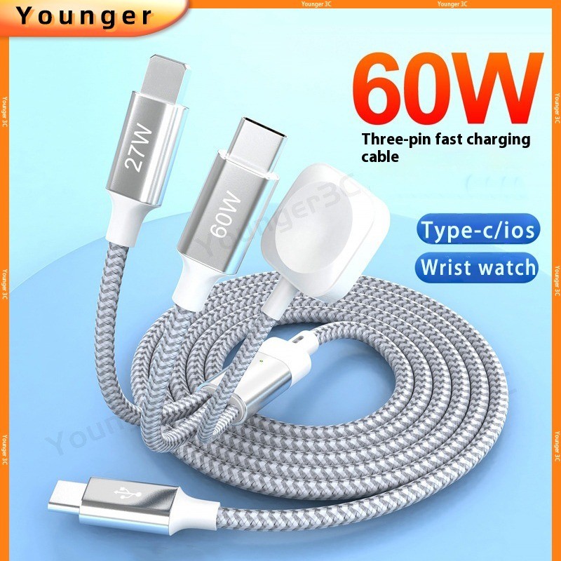 สายชาร์จแบบถักไนลอนสามในหนึ่งเดียว (IOS+Type-c+Smartwatch) อัพเกรดสําหรับความต้านทาน Tensile/Bending