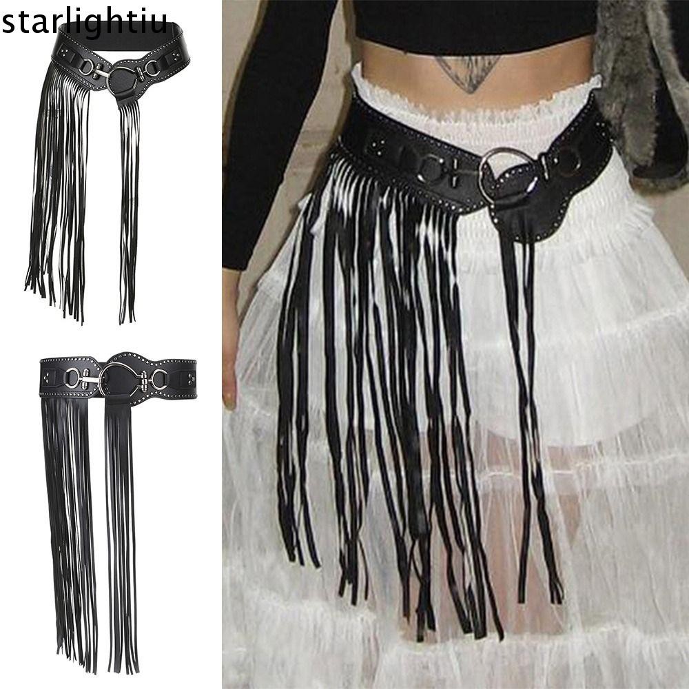 ESTHER Punk เข็มขัด, PU หนังยาวพู่ Hiphop กางเกงยีนส์เข็มขัด,กางเกงยีนส์ตกแต่งเอวตกแต่งอุปกรณ์เสริมรอบหัวเข็มขัดโลหะ Studded เอวตกแต่งอุปกรณ์เสริม