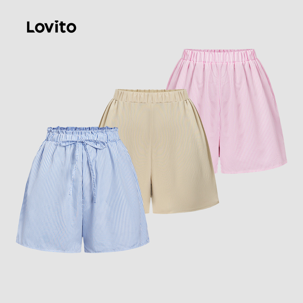 Lovito กางเกงขาสั้นลําลองกางเกงขาสั้นจีบฤดูร้อนสําหรับผู้หญิง L121MD192