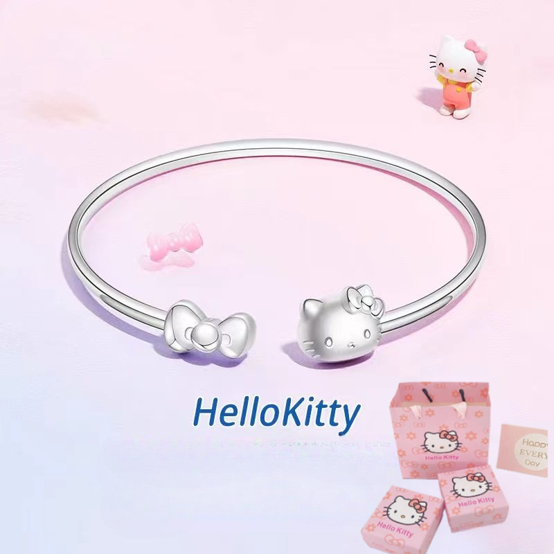 สร้อยข้อมือเงินแท้ HelloKitty ฟรีกล่องของขวัญ Hello Kitty ปรับขนาดได้ฟรี สร้อยข้อมือ Hello Kitty น่ารัก INS สไตล์หวานสร้อยข้อมือหรูหรา
