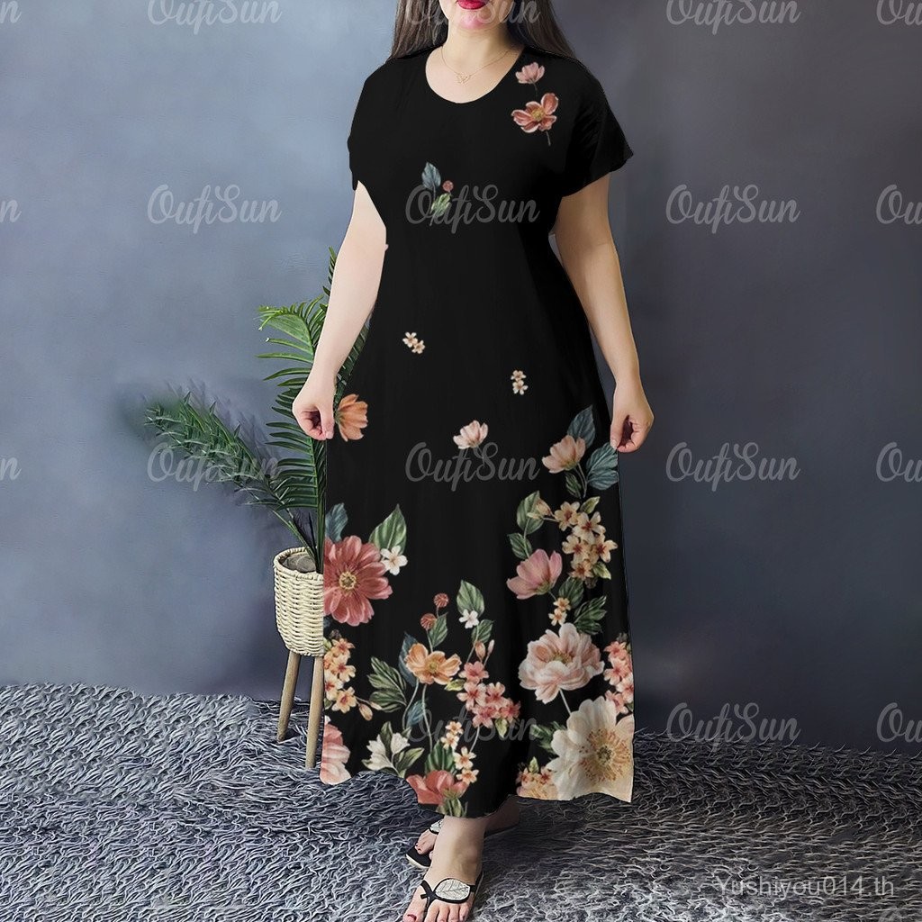2568 ชุดเดรสแฟชั่นลำลองผู้หญิงฤดูร้อน ทรงเข้ารูป ลายดอกไม้ ชุดเดรสโอเวอร์ไซส์ผู้หญิง แขนสั้นหลวม