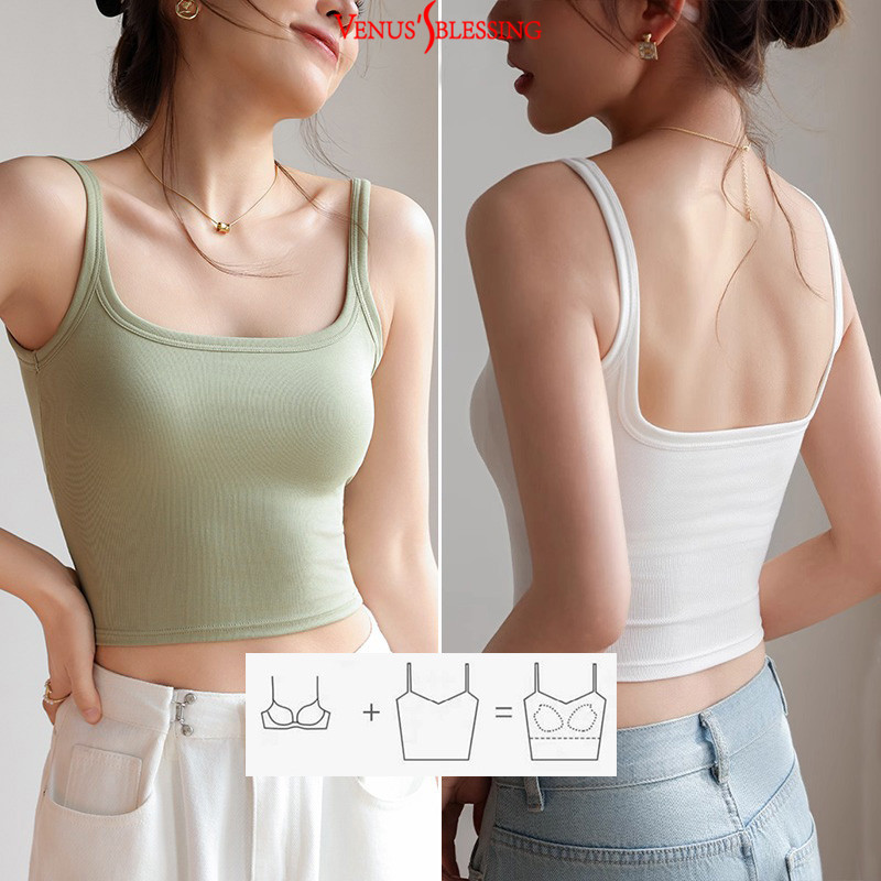 ( Ready Stock ) 2-in-1 วินเทจสแควร์คอปก ยู-กลับ สาวสั้น เสื้อชั้นในสตรี ผู้หญิงนุ่มพืชยอดนิยมที่มีคุณภาพสูงระบายอากาศถ้วย - รูปที่ 7