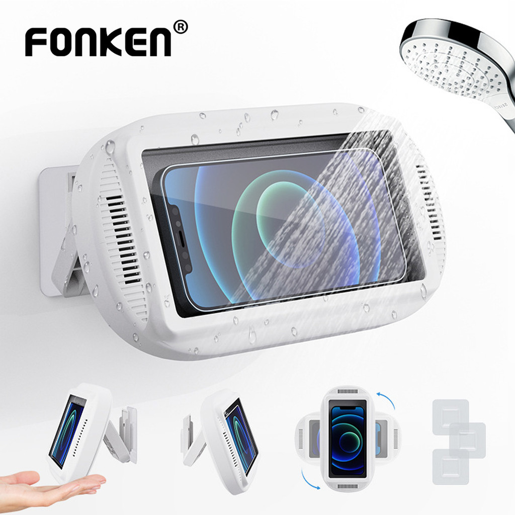 ที่วางโทรศัพท์อาบน้ํา Fonken พร้อมลําโพง 360° Rotation Wall Phone Mount สําหรับห้องอาบน้ําเคสกันน้ํา