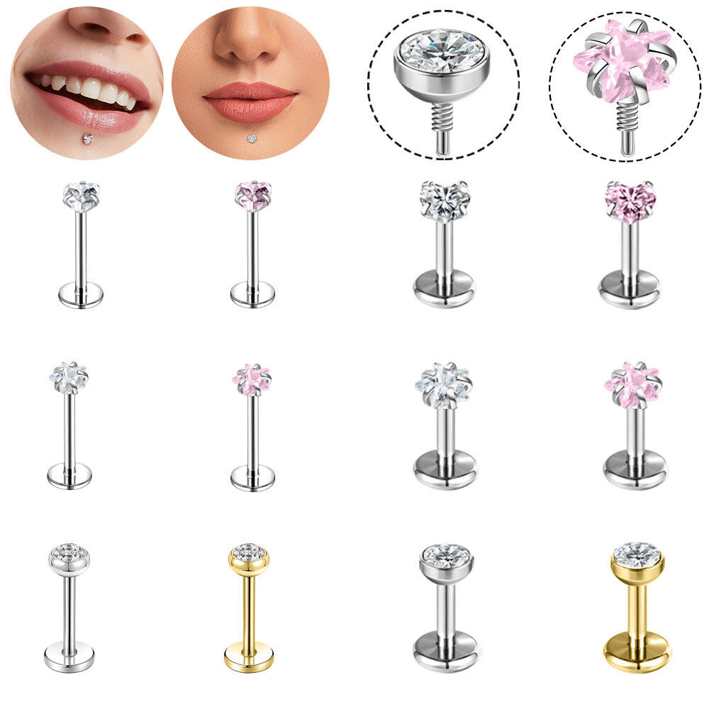 1 PC สแตนเลสสตีล Labret Lip Stud เจาะ 16/18G จมูกหัวใจ Nostrail เจาะ 3 มม.คริสตัลหูเจาะ 6/8 มม. Helix Daith กระดูกอ่อนเจาะสีชมพู Multicolor
