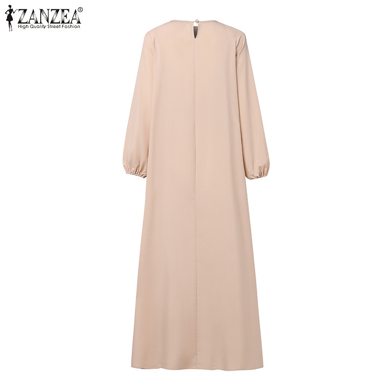 ZANZEA ซานเซีย ผู้หญิงมุสลิมแฟชั่น โอ-คอ ความยาวข้อเท้าโคมไฟแขนจีบออกแบบชุด