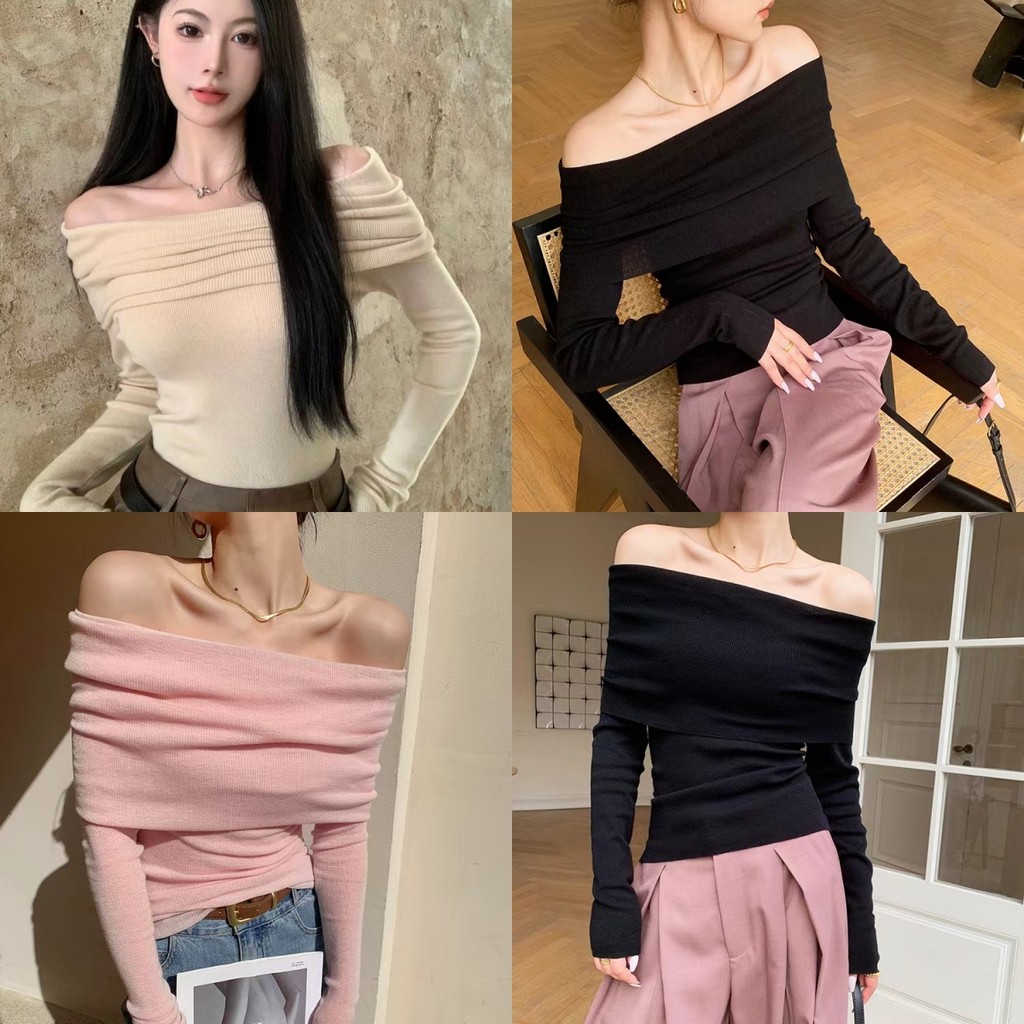 Evelyn เสื้อเปิดไหล่ไหมพรม สีพื้น เข้ารูป ผ้านิ่ม เปิดไหล่ เสื้อยืดแขนยาว สไตล์เกาหลี ทรงสวย#95148