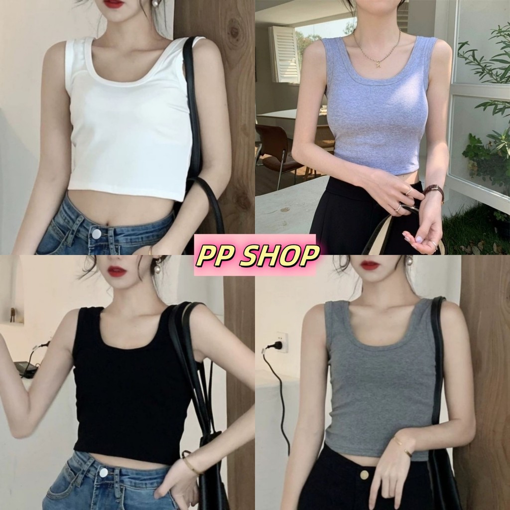 PP Shop​ ​​พร้อมส่ง เสื้อกล้ามแขนกุดใส่สบายสีพื้นเสื้อครอป คอกลม ผ้ายืด เข้ารูป ครอปกล้าม ฟรีไซส์ แฟชั่นฤดูร้อน#FY10135
