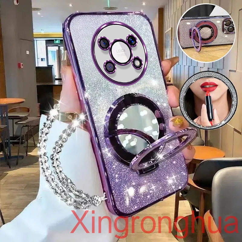 เคสโทรศัพท์สําหรับ Honor X9 X9A X9B X8 X8A X8B 8X X7A X7B X6 X6A X6s 4G 5G หรูหรา Electroplated Glitter เคสโทรศัพท์พร้อมความงามแต่งหน้ากระจกผู้ถือสร้อยข้อมือนุ่ม