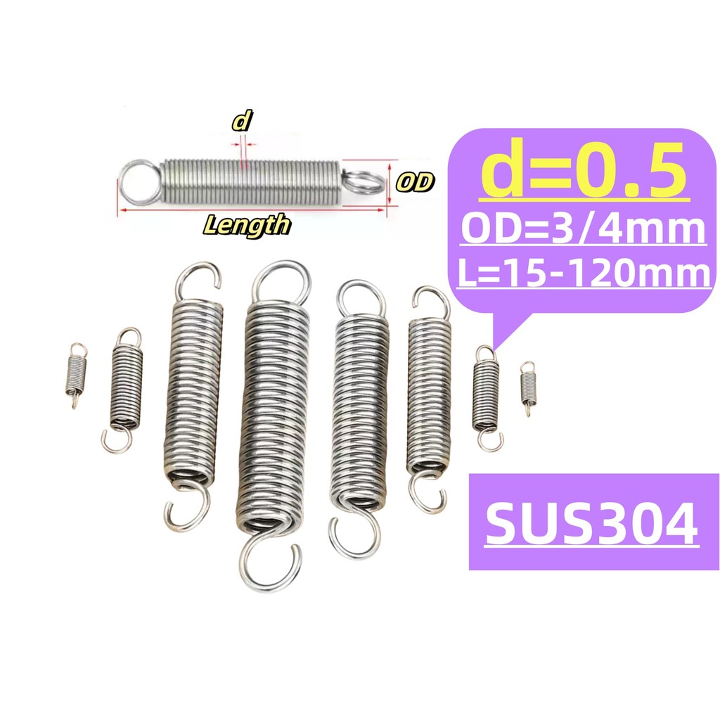 304 สแตนเลส สปริงแรงดึง/สปริง d=0.5mm,OD3/4mm,L=15~120mm สปริงดึงพร้อมตะขอ ทาประตูโรงรถ bunnings, เครื่องแกว่งM1XZ