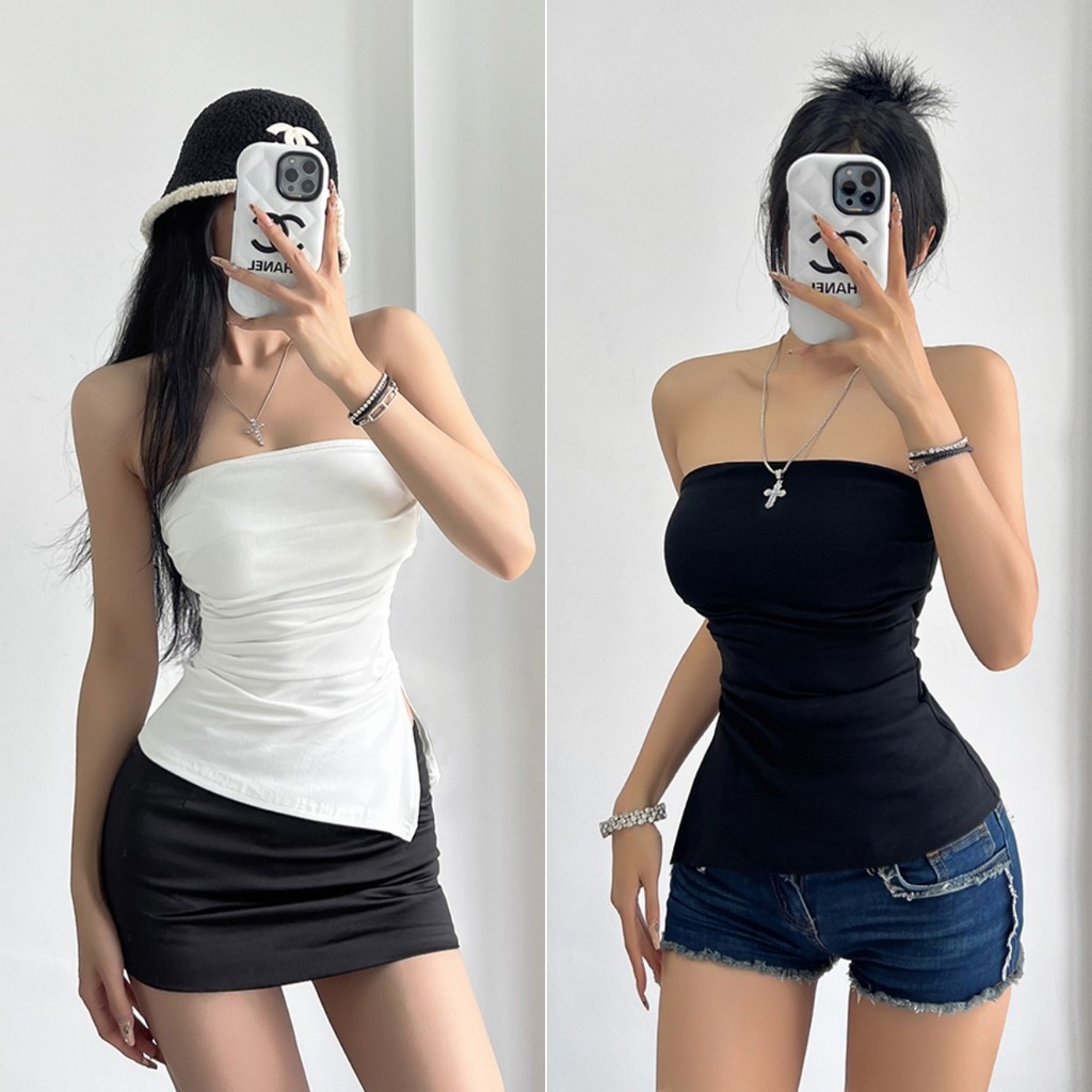 Hotgirl พร้อมส่ง✨เสื้อกล้ามผู้หญิง เสื้อยืดรัดรูป สีพื้น ดีไซน์กรีดจีบด้านข้าง เซ็กซี่ แขนกุดปิดไหล่