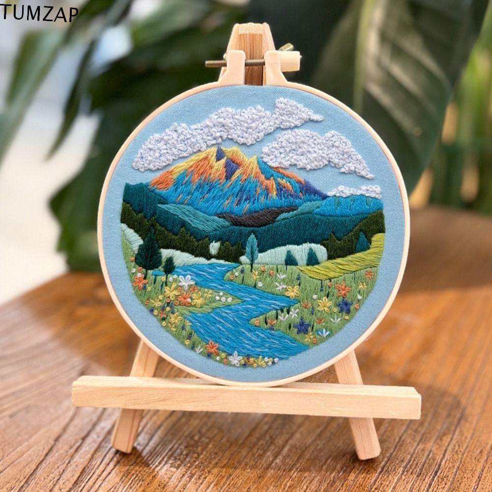 Tumzap ชุดปักครอสติช, DIY Mountain Landscape ชุดเย็บปักถักร้อยทิวทัศน์ธรรมชาติ, อุปกรณ์เย็บผ้าพร้อม Hoop Hand-stitched ชุดเย็บปักถักร้อยทําด้วยมือผู้ใหญ่