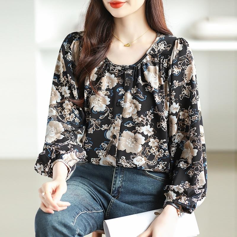 สง่างาม เสื้อชีฟองแขนโคมไฟคอกลมลายดอกไม้สีเหลืองและสีขาวทรงหลวมเหมาะกับสํานักงานและสวมใส่ได้ทุกวัน